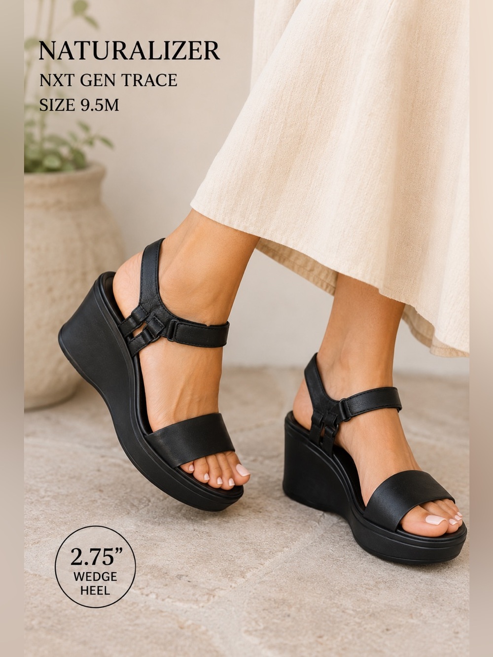 Naturalizer women 9.5M NXT Gen Trace Platform Wedge Sandals Black Comfort Shoes